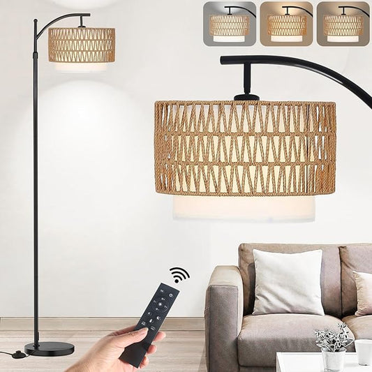 Yusist Arc Floor Lamp for Living Room,Farmhouse Floor Lamps with Remote Control & Dimmable Bulb,Rattan Boho Tall Standing Lamp for Bedroom Office