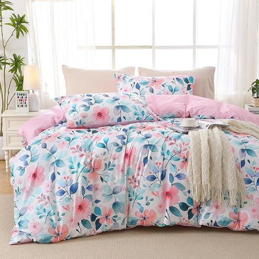 Duvet Cover King Size, Reversible Floral Vintage Duvet Cover Set with Zipper Closure, 3 Pieces Botanical Patterns Soft Microfiber Bedding Set (90"x104", 2 Pillow Cases 20"×36", Pink Blue Branch)