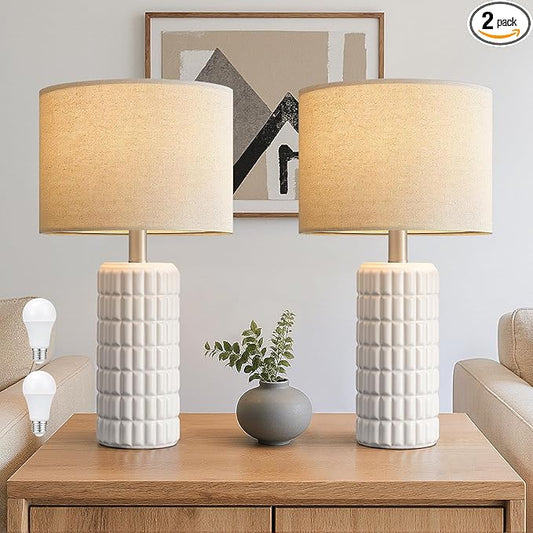 Seealle 23" Modern Ceramic Table Lamps Set of 2 - Table Lamps for Living Room, Farmhouse Bedside Night Stands Lamp for Bedroom, White Boho Nightstand Lamps Set of 2(Bulb Included)