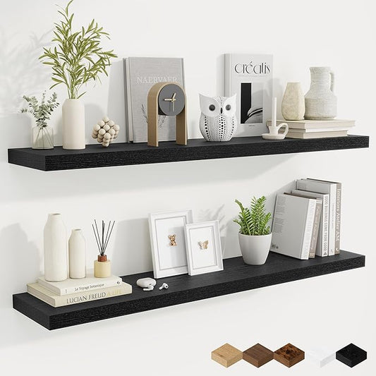 Fun Memories 48 Inch Black Floating Shelves, 9.3 Inch Deep Wall Shelves for Living Room|Bedroom|Kitchen, Rusitc Wall Mounted Bathroom Shelves 2 Pack, Heavy-Duty Deep Shelf for Books，Decor