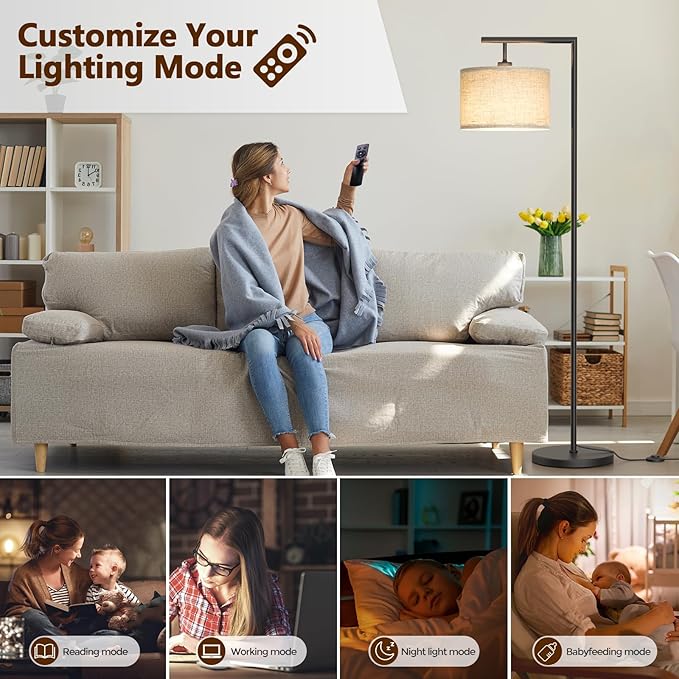 CNXIN Floor Lamps with Remote Control and Stepless Dimmable Color Temperature and Brightness Standing Lamp with Adjustable Beige Linen Lampshade Pole Lamp for Bedroom Office, 9W Bulb Included, Black