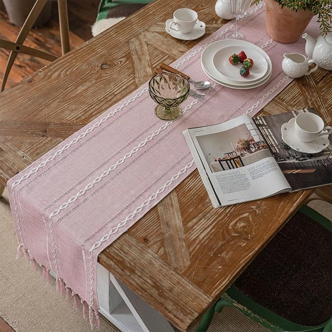 Niviy Pink Valentines Day Table Runner 72 Inches Long with Tassels - Gifts for Women, Birthday Table Decorations Linen Runners for Wedding Party Baby Shower Decor (Pink, 12"×72")
