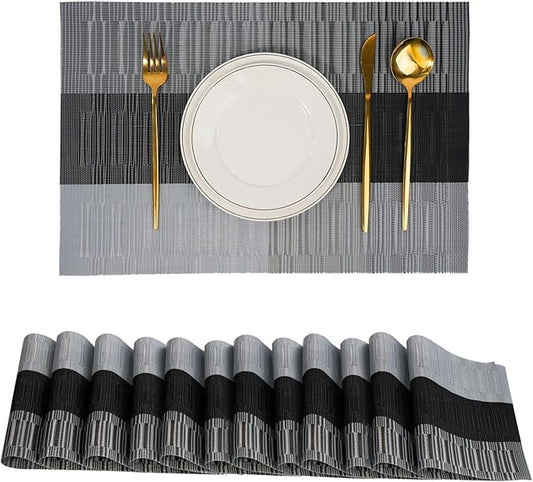 Placemats Set of 12，Non-Slip PVC Weave Table Mats Easy to Clean，Heat Resistant Place Mats for Kitchen Dining Table Decoration Indoor Outdoor，Black Gray
