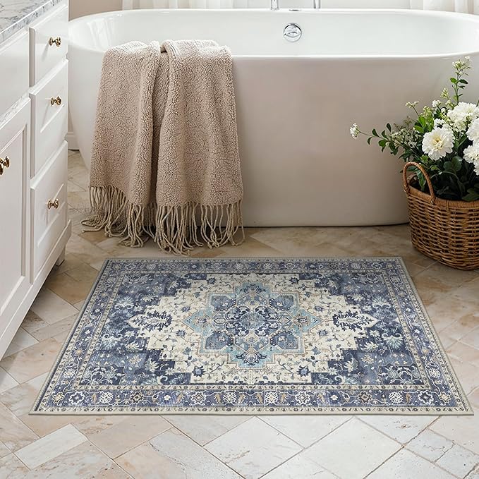 BESBLEE Area Rug 2x3 Doormat, Machine Washable Low Pile Vintage Rugs, Small Lightweight Rug Entryway Indoor Mat for Entrance, Hallway, Kitchen and Corridor, Center Blue
