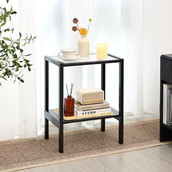 2-Tier Bamboo Side Table, Modern Glasstop Rattan Side Table, Mid Century Wood Sofa-Side End Tables for Living Room, Bedroom Night Stand with Storage, Small Narrow Coffee Tables, Black