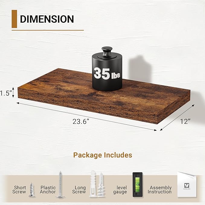 Vivelove 12" Deep Floating Shelves for Wall, 23.6" Long Wall Shelves for Living Room Bedroom Bathroom Kitchen Office, Farmhouse Rustic Shelves Home Decor, 23.6" X 12" X 1.5" Set of 2, Rustic Brown