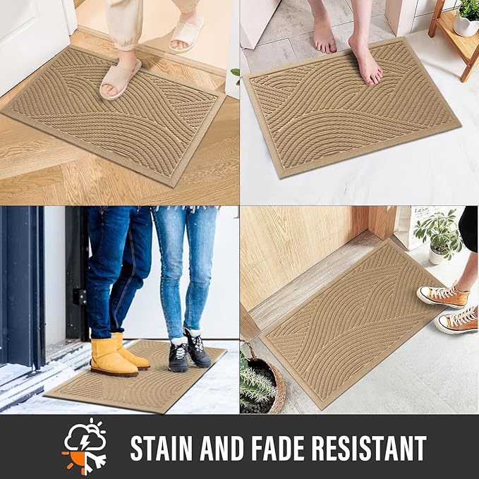 HIYARD Sturdy Front Door Mat, Absorbent Muddy Dirt Resist Welcome Door Mats Outdoor Indoor, Fade Resistant, Non-Slip Backing Entry Mat Low Profile Doormat for Entryway, 29×17, 2 Pack, Beige