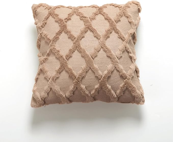 EMMTEEY Boho Fluffy Pillow Covers 16X16 - Single-Sided Striped Embroidery Design, Neutral Nordic Style Pillow Case Bed Sofa Decor for Cozy Home Styling, Brown