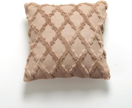 EMMTEEY Boho Fluffy Pillow Covers 16X16 - Single-Sided Striped Embroidery Design, Neutral Nordic Style Pillow Case Bed Sofa Decor for Cozy Home Styling, Brown