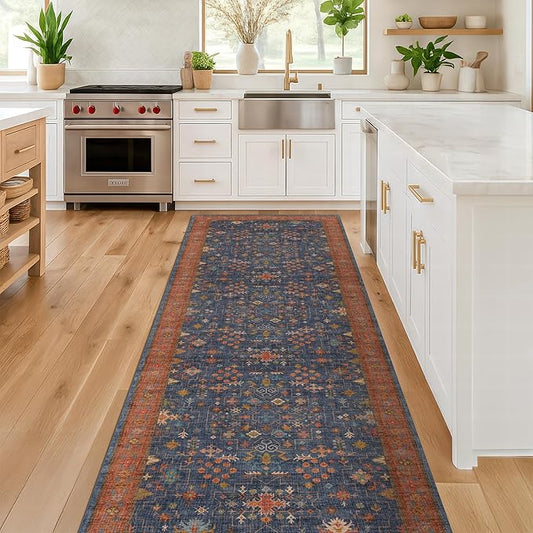 Hazo Haus Navy Blue Runner Rug 2x5 for Kitchen, Hallway, Mudroom, Laundry Room, Bathroom, Washable Non Slip Non Skid Rubber Backing Low Pile Stain Resistance