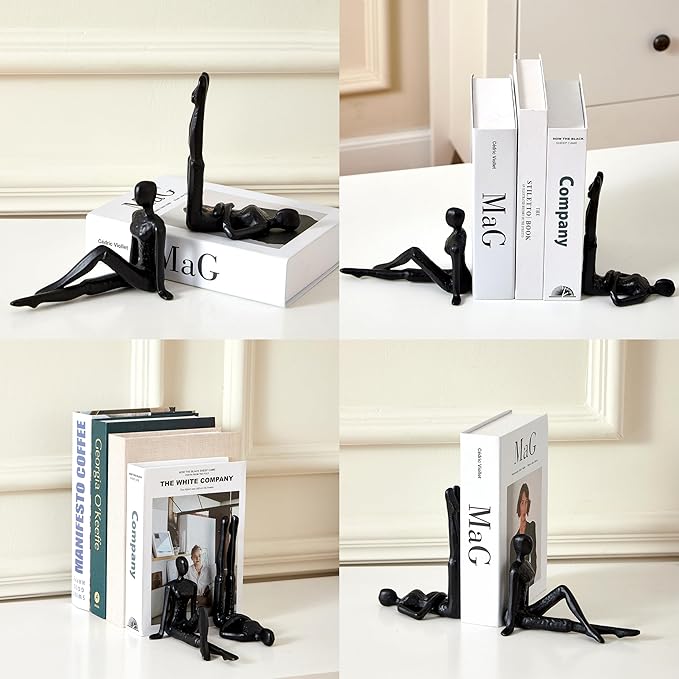 Denique Yoga Black Decorative Bookends, Cast Iron Book Ends to Hold Books, Book Ends for Shelves, Modern Book Stopper for Home Office Desk Decor, 1 Pair/2 Pieces