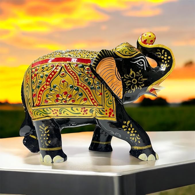 Handcrafted Wooden Elephant Figurine – Traditional Artwork, Gold & Gemstone Embellishments – Lucky Decorative Elephant Statue for Prosperity | Beautiful Elefantes Decorativos para Sala (Black & Gold)