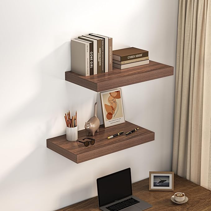 Dreamland 24" Floating Shelves for Wall, 12" Deep Thicker Walnut Floating Shelves, Wall-Mounted Shelves for Bedroom, Living Room, Kitchen, Bathroom - Set of 2