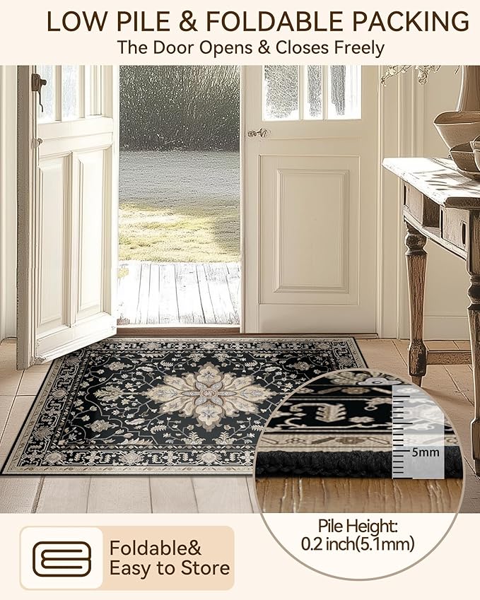 RELEANY Area Rugs 2'x6' Washable Non-Slip, Floral Vintage Distress Print Pattern Medallion Carpet for Living Room Bedroom Dining Room, Black Brown Neutral Dark Tan
