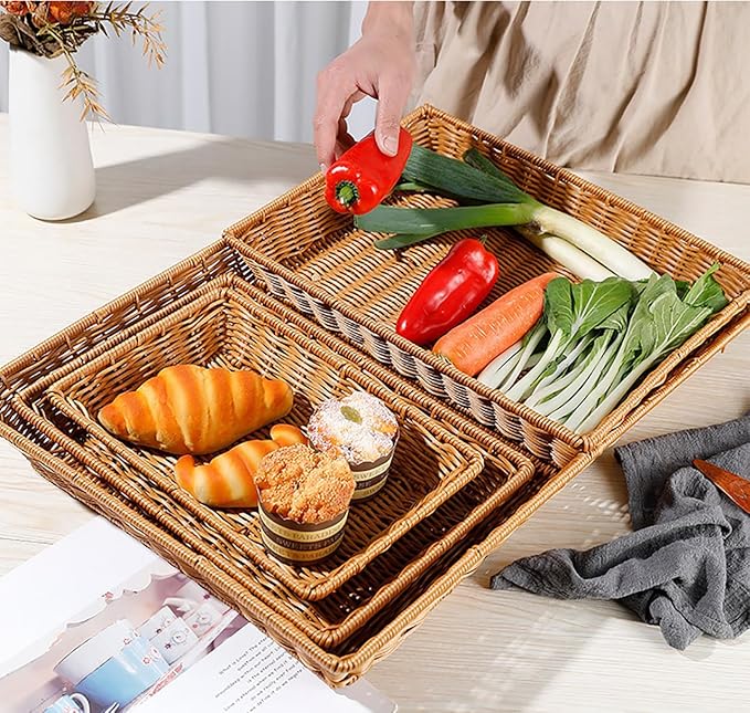 Poly Wicker Bread Basket, Hand Woven Food Storage Room Organizer, Fruits, Vegetables and Snacks Tabletop Food Serving Basket, Restaurant, Hotel Service, Brown (16“2pack)