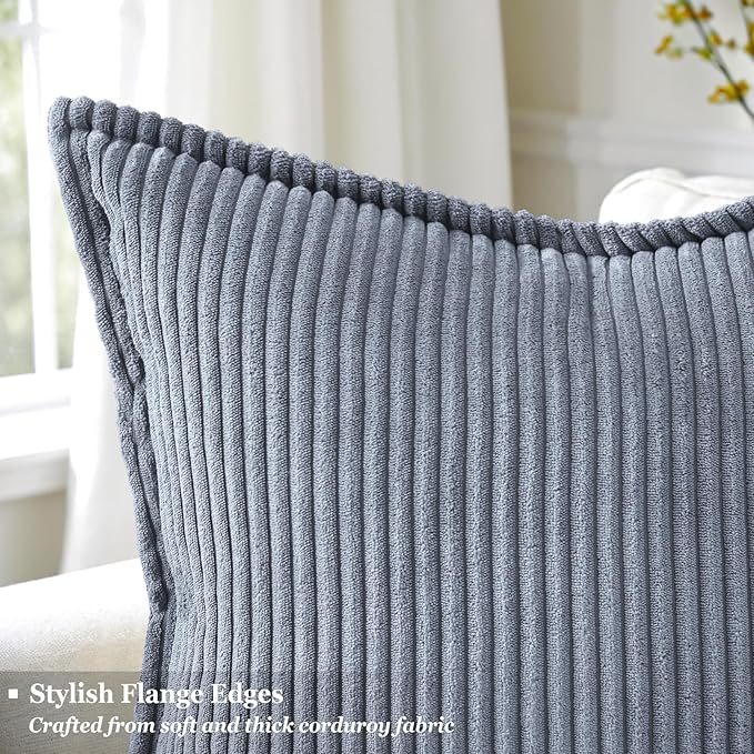 decorUhome Spring Corduroy Blue Grey Euro Sham Throw Pillow Covers 24x24 Set of 2 Decorative Soft Boho Farmhouse Couch Pillow Covers for Living Room Bed Sofa Broadside Striped Pillow Cases