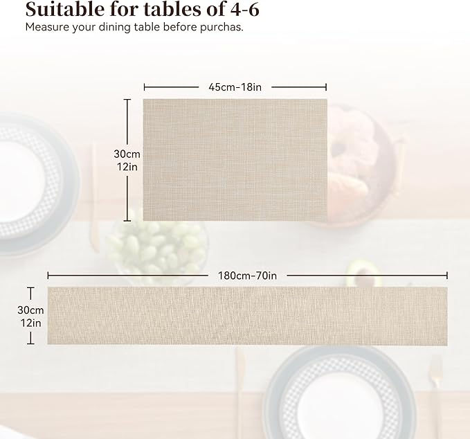 Leetaltree Beige Table Runner and Placemats Set of 5, Heat Resistant Non-Slip Place mats for Dining Table, Washable Durable PVC Vinyl Woven Table Runner Set