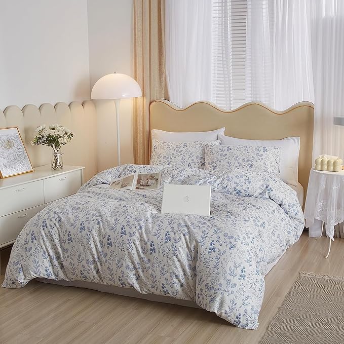 LifeTB Cotton Floral Duvet Cover Twin XL White Blue Floral Print Bedding Sets Vintage Boho Floral Comforter Cover Cottagecore Bedding Set Aesthetic Botanical Flower Duvet Cover with Zipper Closure