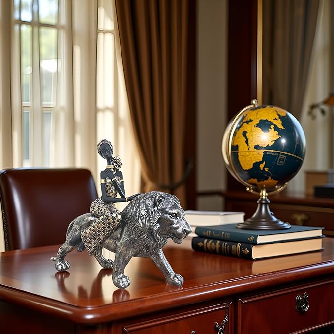 African Woman on Bronze Lion Statue – Resin Figurine, Tribal Cultural Sculpture, African Home Decor Collectible