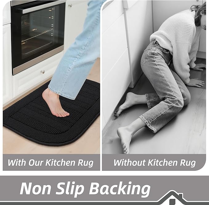 BEQHAUSE 30x18 Inch Kitchen Rug Mat Durable Kitchen Rugs Non-Slip Washable Absorbent Kitchen Mats for Floor Dirt-Resistant Semicircular Kitchen Mat (Black, 2PCS)