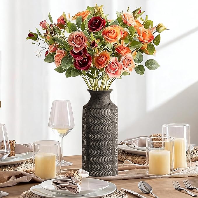 Black Vintage Vase - 11 in Ceramic Decorative Vase - Tall Flower Vase for Home Decor - Table Pedestal Cylinder Bud Vases for Centerpieces - Decoration Farmhouse Vase by Lyeec