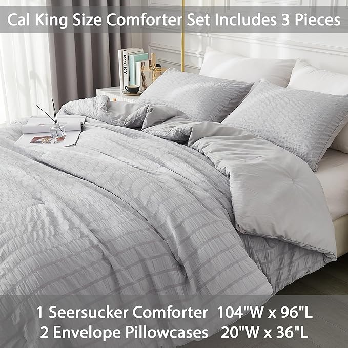 AveLom Light Gray Seersucker California King Comforter Set (104x96 inches), 3 Pieces-100% Soft Washed Microfiber Lightweight Comforter with 2 Pillowcases, All Season Down Alternative Bedding Set