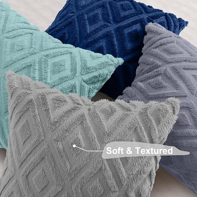 decorUhome Pack of 4 Faux Fur Throw Pillow Covers 20x20, Soft Decorative Couch Pillow Covers with Velvet Back for Modern Sofa Living Room, Grey/Blue