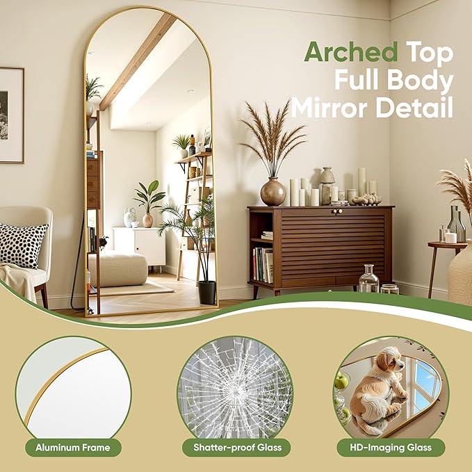 Full Length Mirror, 59"x19" Arched Full Body Mirror, Floor Mirrors with Stand, Body Mirrors Standing Hanging Leaning Against Wall,Aluminum Frame Mirrors for Bedroom Cloakroom,Living Room,Gold