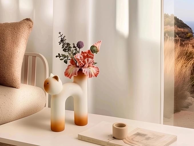 Minimalist Cat-Shaped Ceramic - Unique Animal Flower Vase for Home Decor, Modern Matte Finish Decorative Vase for Living Room, Bedroom, Office, Shelf, Table Centerpiece (Orange)