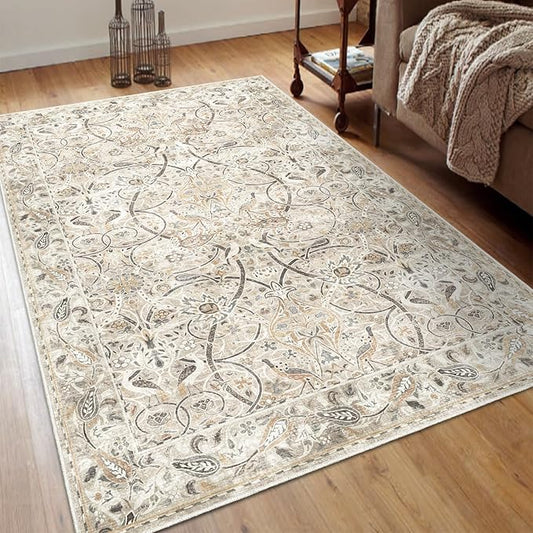 Fortsea 5x7 Beige Vintage Area Rug, Machine Washable Non Skid Low Pile Carpet for Bedroom & Dining (5x7, Beige)