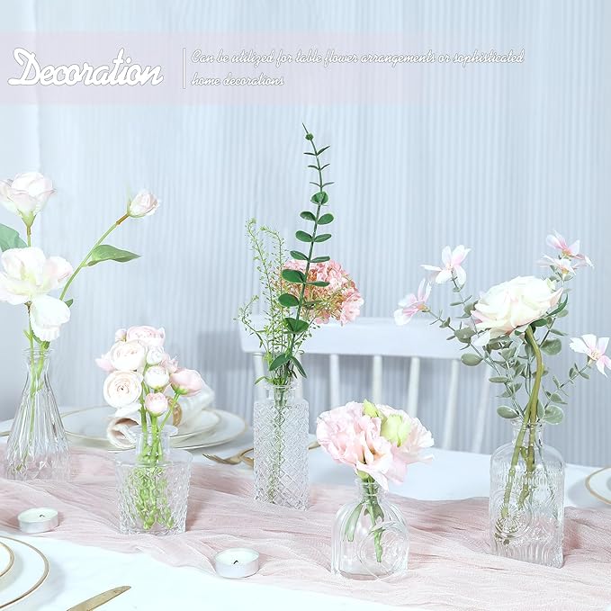 Glass Bud Vase Set of 5, Small Clear Flower Vases for Centerpieces in Bulk, Mini Vintage Vase for Wedding Decor, and Home Table Décor