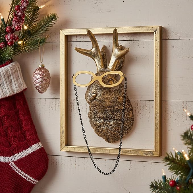 Animal Heads Wall Decor (Includes Metal Frame) Resin Animals Sculptures Head Wall Hanging Decoration Gold vintage Wall Sculpture for Living Room Bedroom Office(Jackalope)