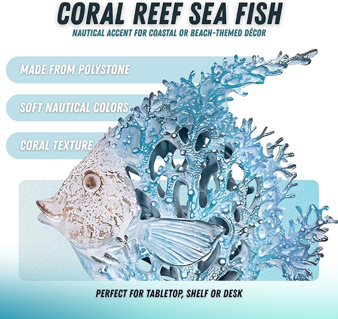 Ocean Decor - Aqua Coral Reef Angelfish Sculpture for Beach Home and Coastal Tabletop Collection, 7x7 Inches