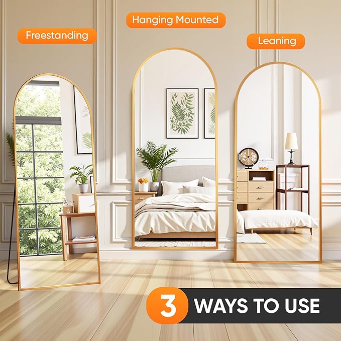 Suidia Full Length Mirror, 58"x22" Floor Standing Mirror Freestanding, Full Body Mirrors with Stand for Bedroom, Hanging Mounted for Living Room Cloakroom, Gold, Arched Style