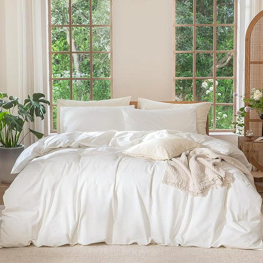 MooMee Bedding Duvet Cover Set 100% Washed Cotton Linen Like Textured Breathable Durable Soft Comfy (Solid Off White, Oversized Queen 98"x98")