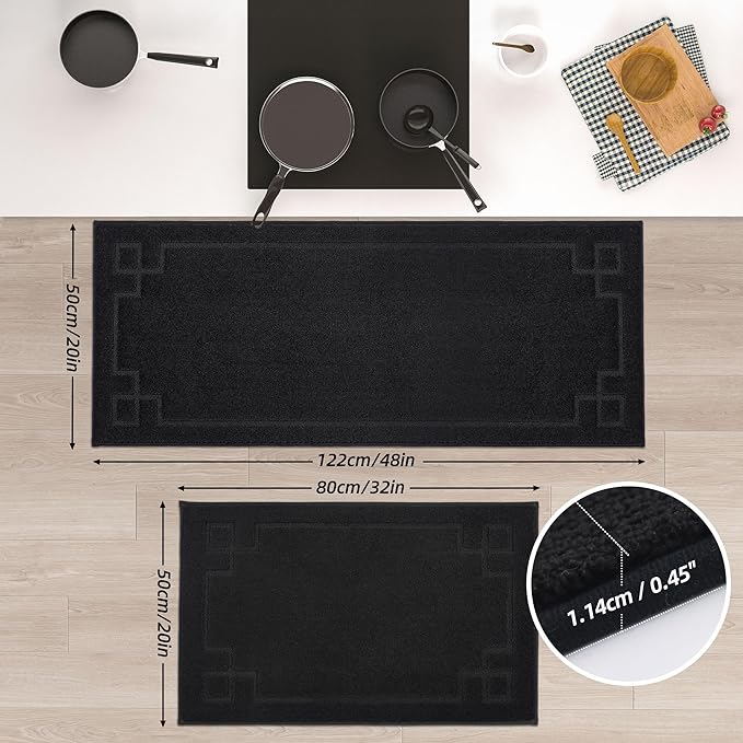 BEQHAUSE Kitchen Rugs Non-Slip Washable [2 PCS], Machine Washable Kitchen Mats Absorbent Soft Kitchen Runner Rugs for Floor,Sink,Hallway,Laundry,20”x32”+20”x48”, Black