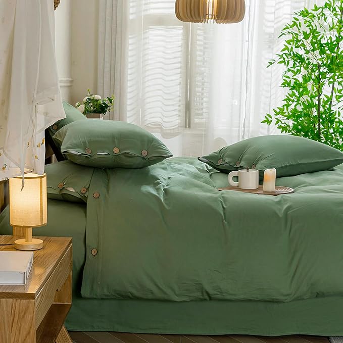 JELLYMONI Cotton Duvet Cover Twin XL Size - Green Comforter Cover with Button 100% Washed Cotton 2PCS Breathable Soft Solid Bedding Set Duvet Cover 66×92in & 1 Pillowcase (NO Comforter)