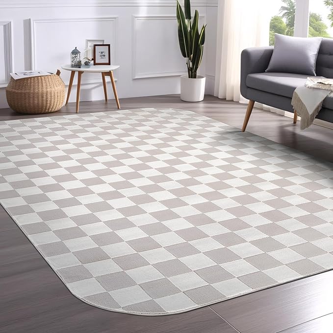 Beverly Rug Modern Geometric Area Rug 5x7 Low-High Pile Durable Soft Abstract Checkered Indoor Rugs for Living Dining Room Office Stain Resistant Non Shedding Casual Indoor Carpet Beige White 5 x 7