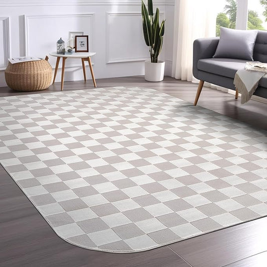 Beverly Rug Modern Geometric Area Rug 5x7 Low-High Pile Durable Soft Abstract Checkered Indoor Rugs for Living Dining Room Office Stain Resistant Non Shedding Casual Indoor Carpet Beige White 5 x 7