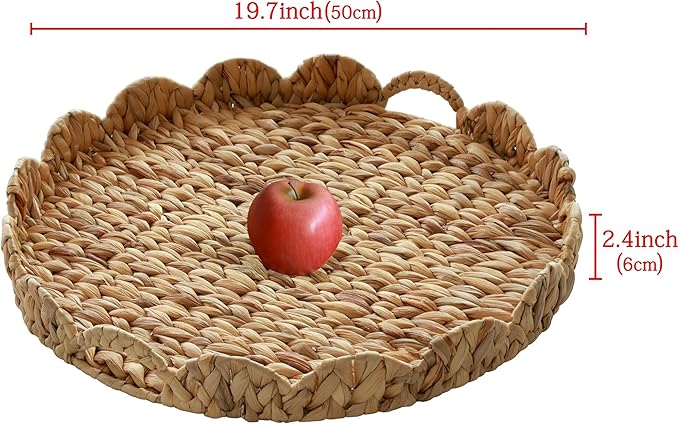 Extra Large Round Ottoman Table Tray 19.7" with Handles - Handmade Wicker Serving Hand Woven Tray for Farmhouse Decorative Oversized Coffee Table Trays Living Room Kitchen Counter Breakfast Scalloped