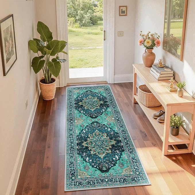 RELEANY Area Rugs 2'x6' Washable Non-Slip, Floral Vintage Distress Print Pattern Medallion Carpet for Living Room Bedroom Dining Room, Teal Green Lake Blue Turquoise