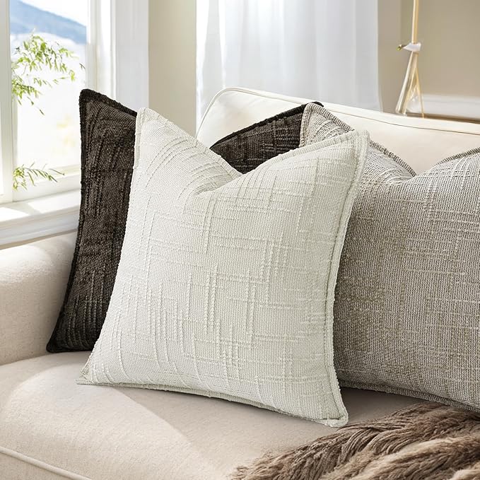 decorUhome Chenille Throw Pillow Covers 16x16 Set of 2, Thick Textured Slubby Neutral Decorative Pillow Covers with Elegant Design for Couch, Sofa, Living Room, Light Brown