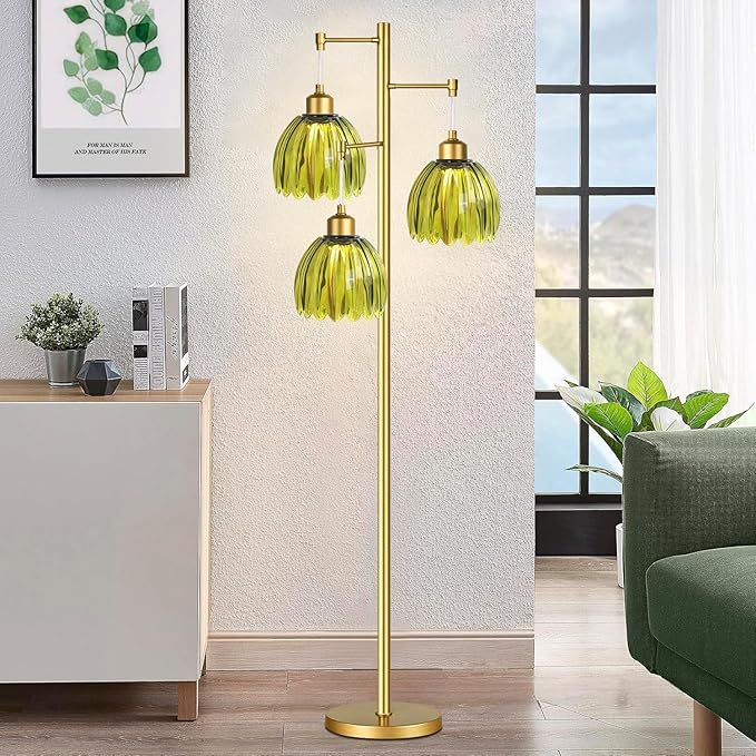 WLQCWL Vintage Floor Lamps for Living Room-3 Light Gold Floor Lamp with Three Bulbs & Glass Lampshape,Glass Mid Century Modern Standing Lamp Tree Tall Flower Floor Lamp for Bedroom Living Room,Corner