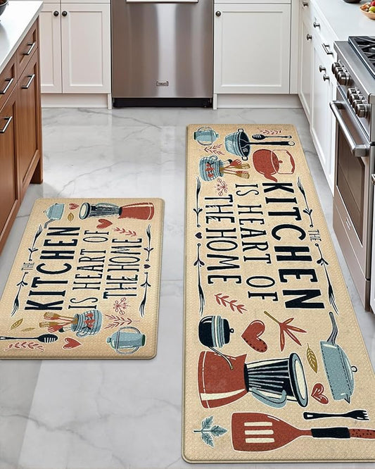 DEXI Kitchen Mats for Floor 2 Piece Set,17x29+17x59, Cushioned Standing Mat Anti Fatigue, Waterproof Comfort Farmhouse Padded for Laundry Room Office, Beige