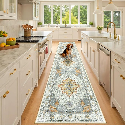 RELEANY Area Rugs 2'x10' Washable Non-Slip, Floral Vintage Distress Print Pattern Medallion Carpet for Living Room Bedroom Dining Room, Light Yellow Carbon Grey Orange