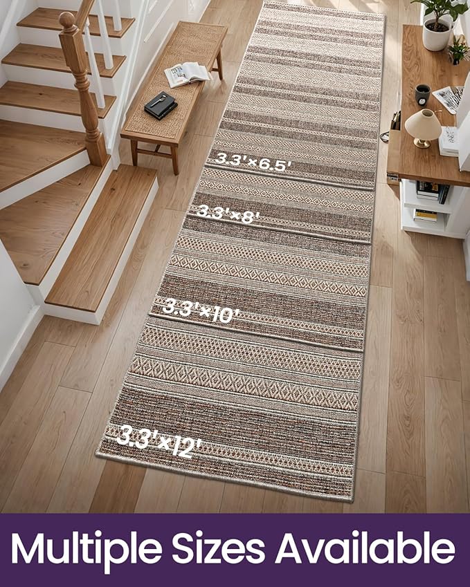 DEXI Hallway Runner Rug 3.3x8, Woven Braided Farmhouse Runner Carpet Indoor, Absorbent Thin Long Entryway Runners for Kitchen, Laundry Room, Patio Entrance, Striped Brown