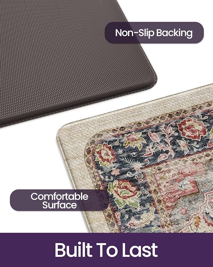 DEXI Kitchen Floor Mats Anti Fatigue, 17x59 Cushioned Vintage Runner Rug Waterproof, Standing Comfort Memory Foam Padded for Front Sink Laundry Office, Beige and Red