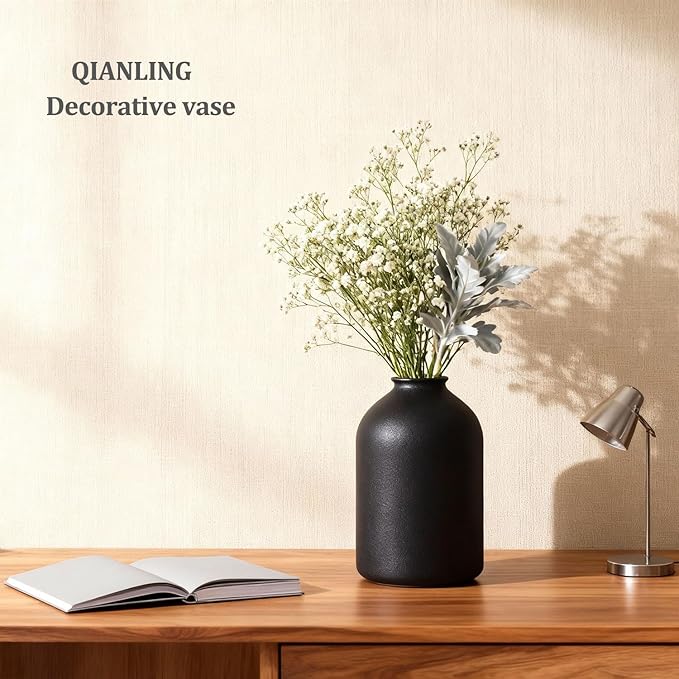 8.6" Large Black Ceramic Vase - Modern Matte Flower Vase for Table, Shelf, Mantel, Bathroom, Coffee Table, Desktop - Decorative Vases Home Decor Accent, Vases for Centerpieces, Wabi Sabi Decor