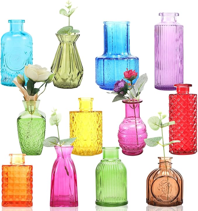 12 Pcs Glass Bud Vases in Bulk,Mini Vintage Flower Vases for Centerpieces,Colored Small Vases for Flowers,Glass Bottles for Home Wedding PartiesTable Decoration (Many Colors)
