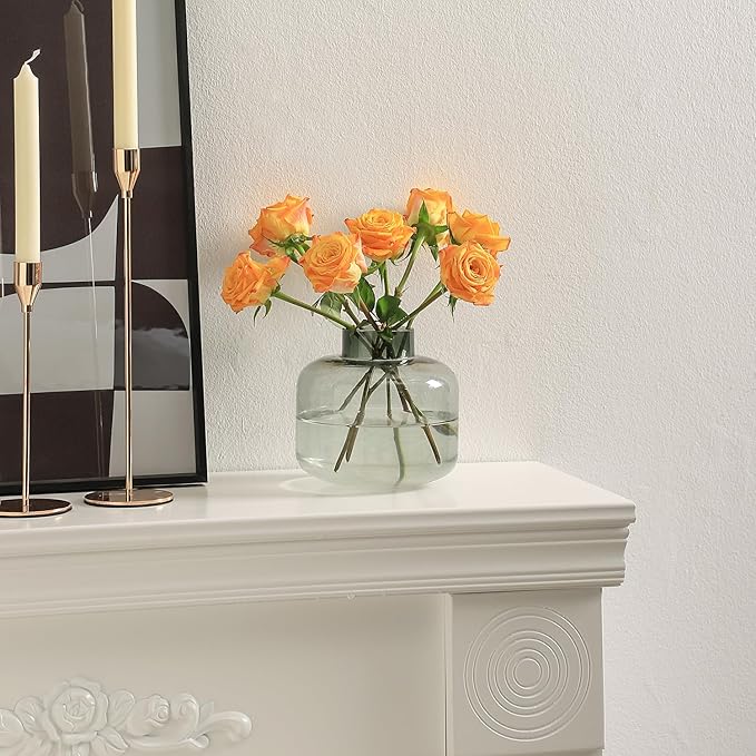 Short Glass Vase, Black Glass Vase, Short Flower Vase, Round Glass Vase, Small Vase for Flowers, 6 Inch Modern Vases for Living Room, Dining Table, Wedding, Bookshelf, Office Decor